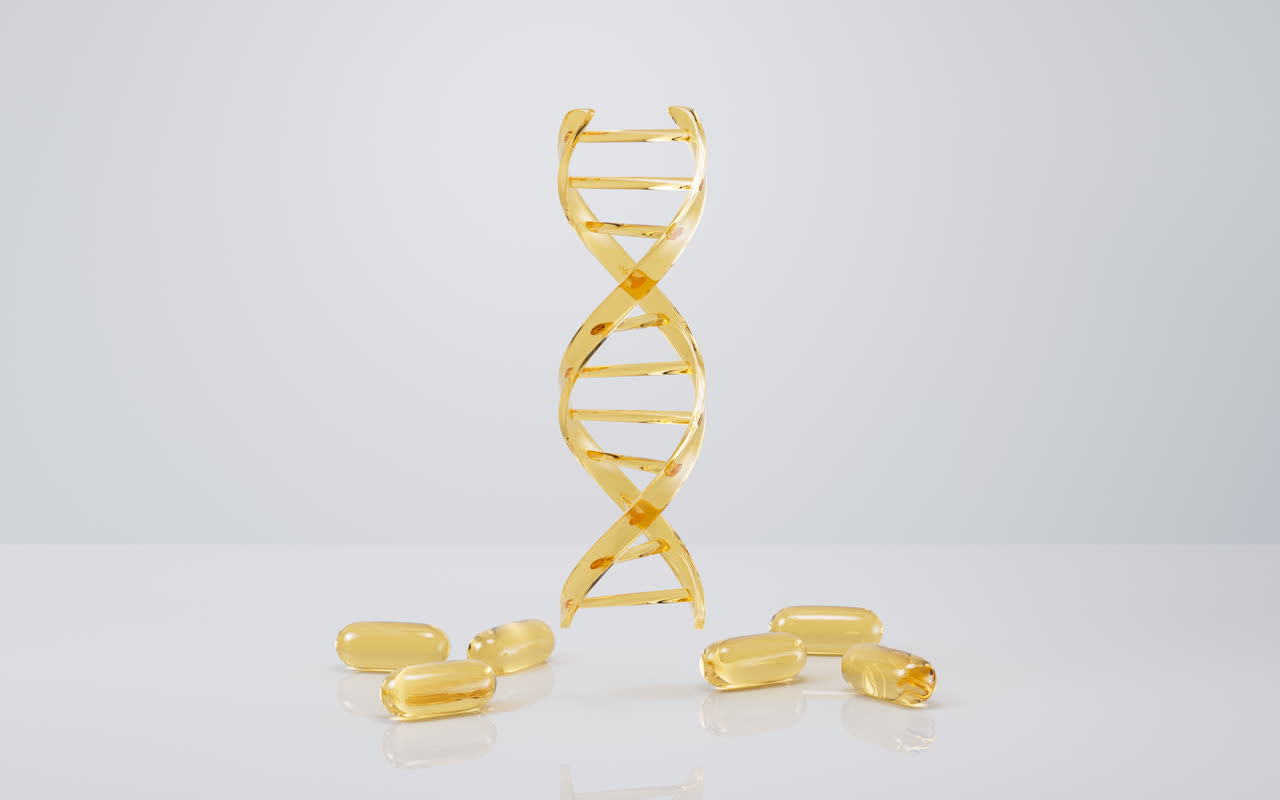 金色透明鱼油与DNA结构3D渲染