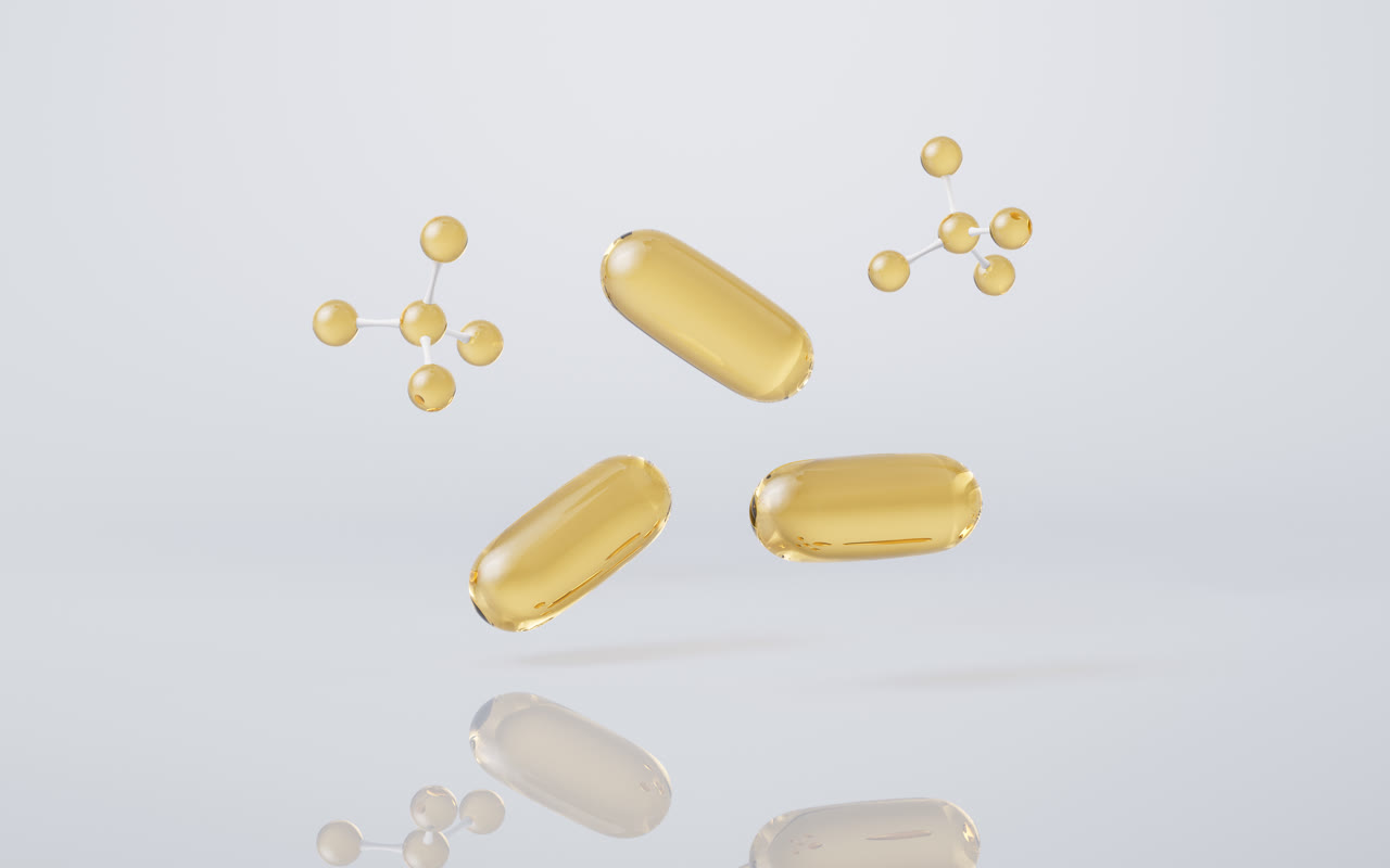 金色透明鱼油胶囊3D渲染
