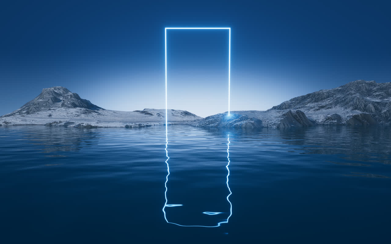 夜晚的水面与霓虹光线3D渲染