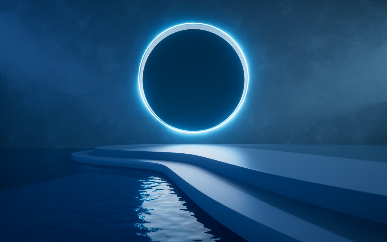 霓虹发光线条与水面3D渲染