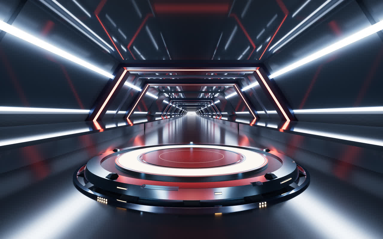 科技感金属展示台与隧道3D渲染