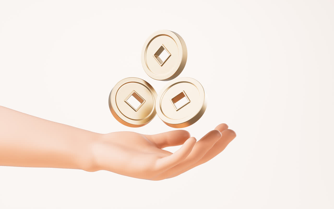 手部拿着的金币3D渲染