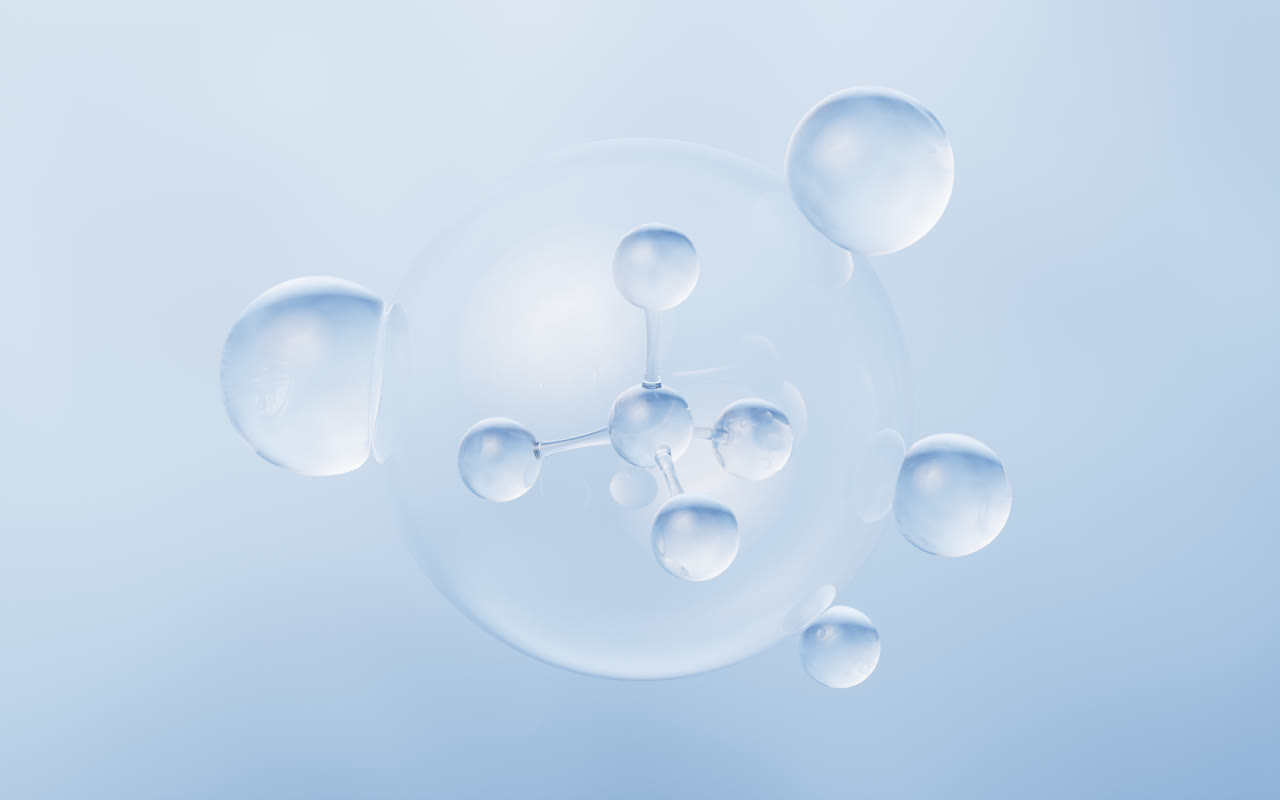 透明分子与蓝色背景3D渲染