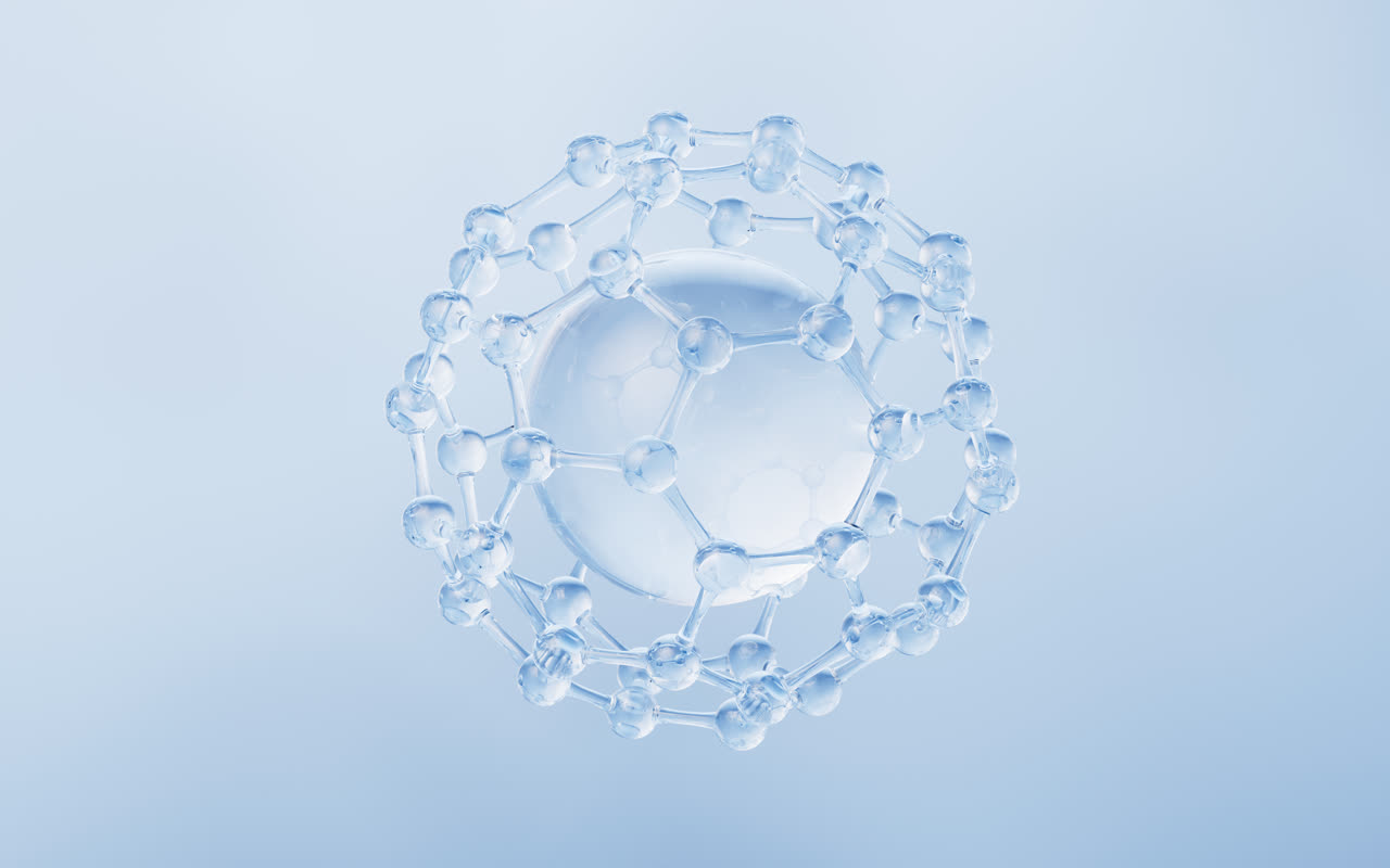 透明分子与蓝色背景3D渲染