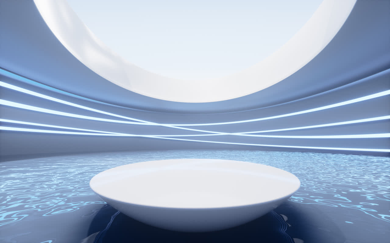 展台背景创意简约建筑与水面3D渲染