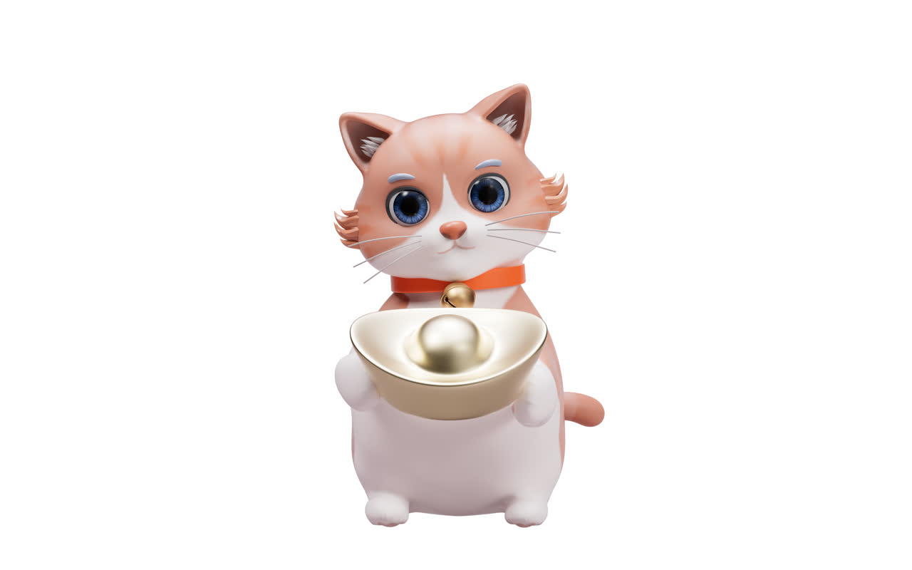 卡通风格小猫与元宝3D渲染
