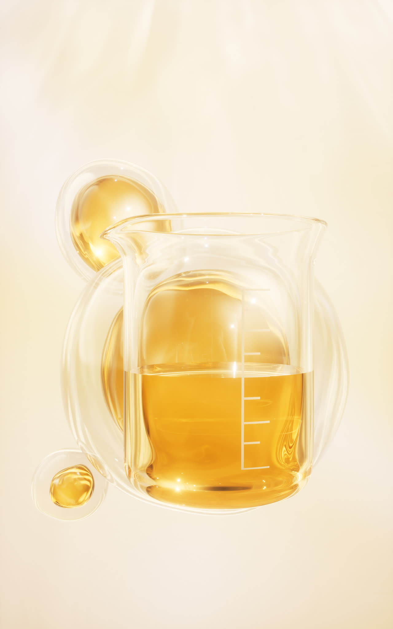 化学仪器烧杯与金色液体3D渲染