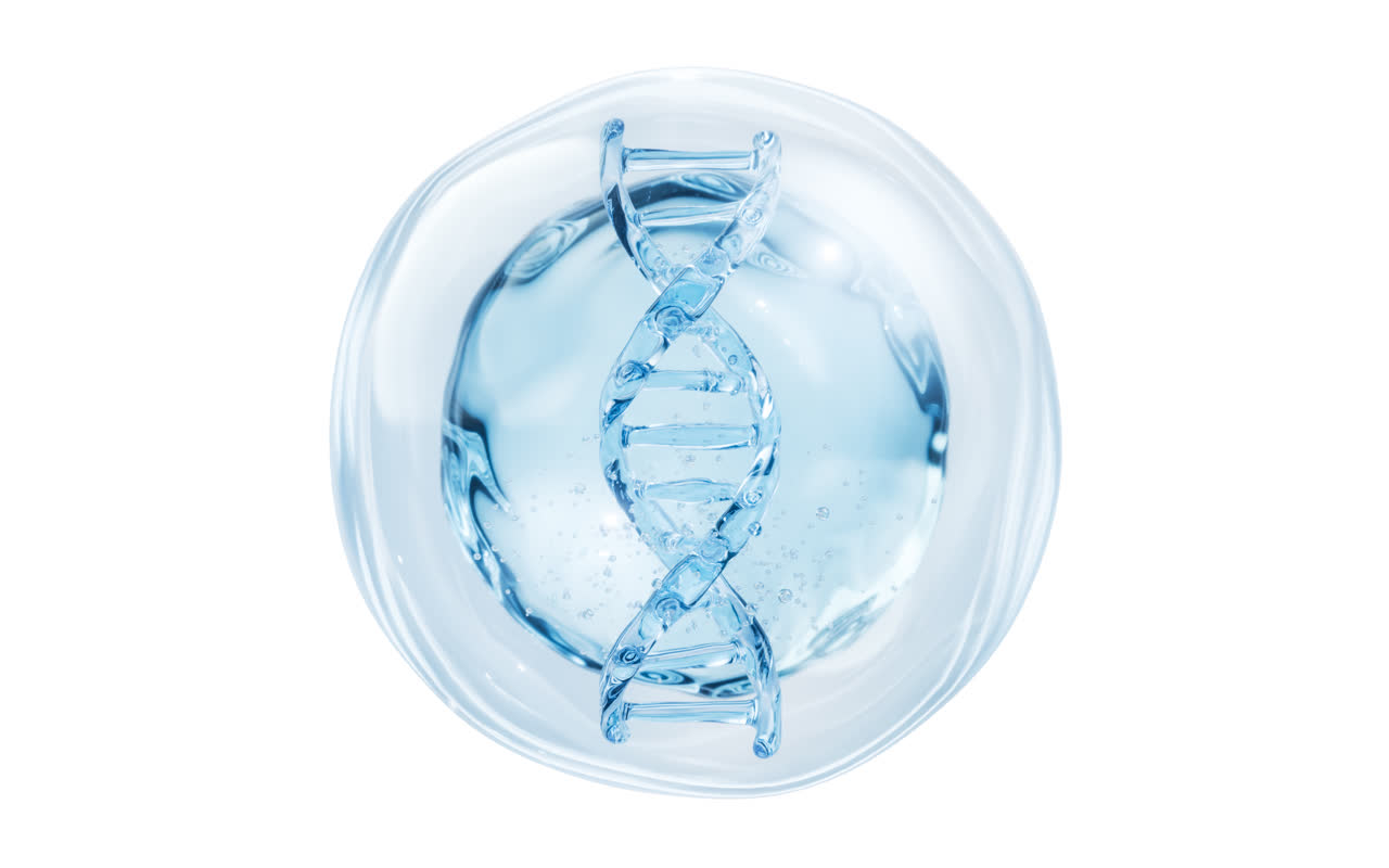 透明DNA与蓝色水珠3D渲染