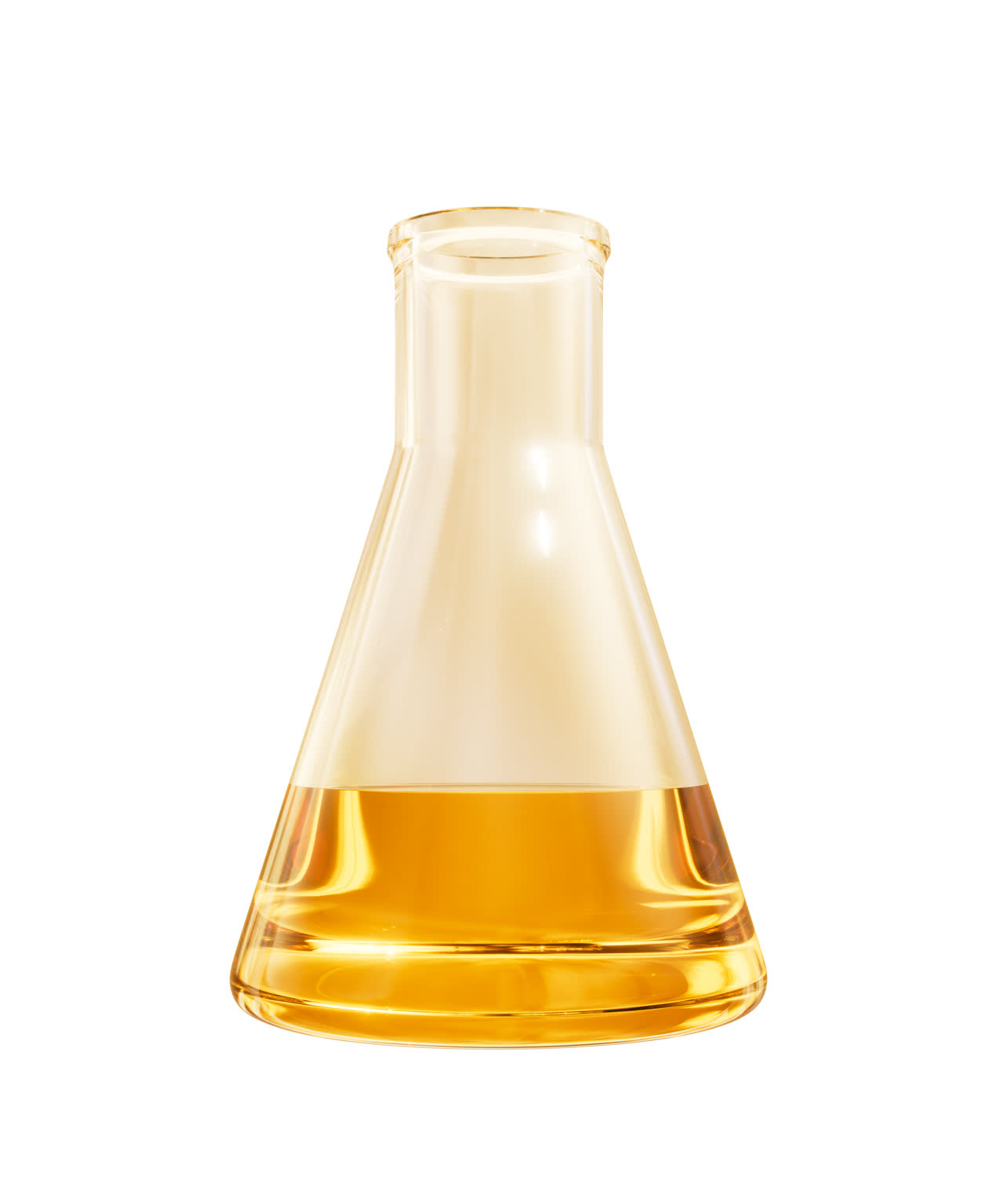 化学仪器锥形瓶与金色液体3D渲染