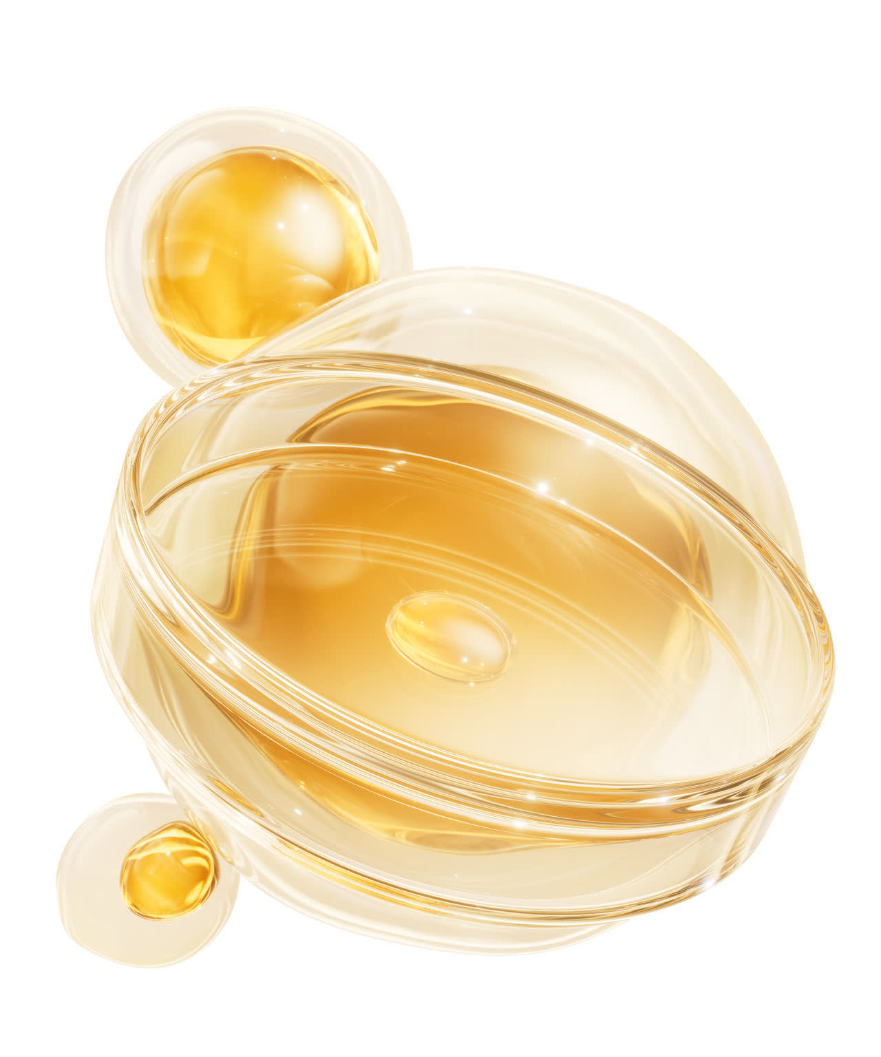 化学仪器培养皿与金色液体3D渲染