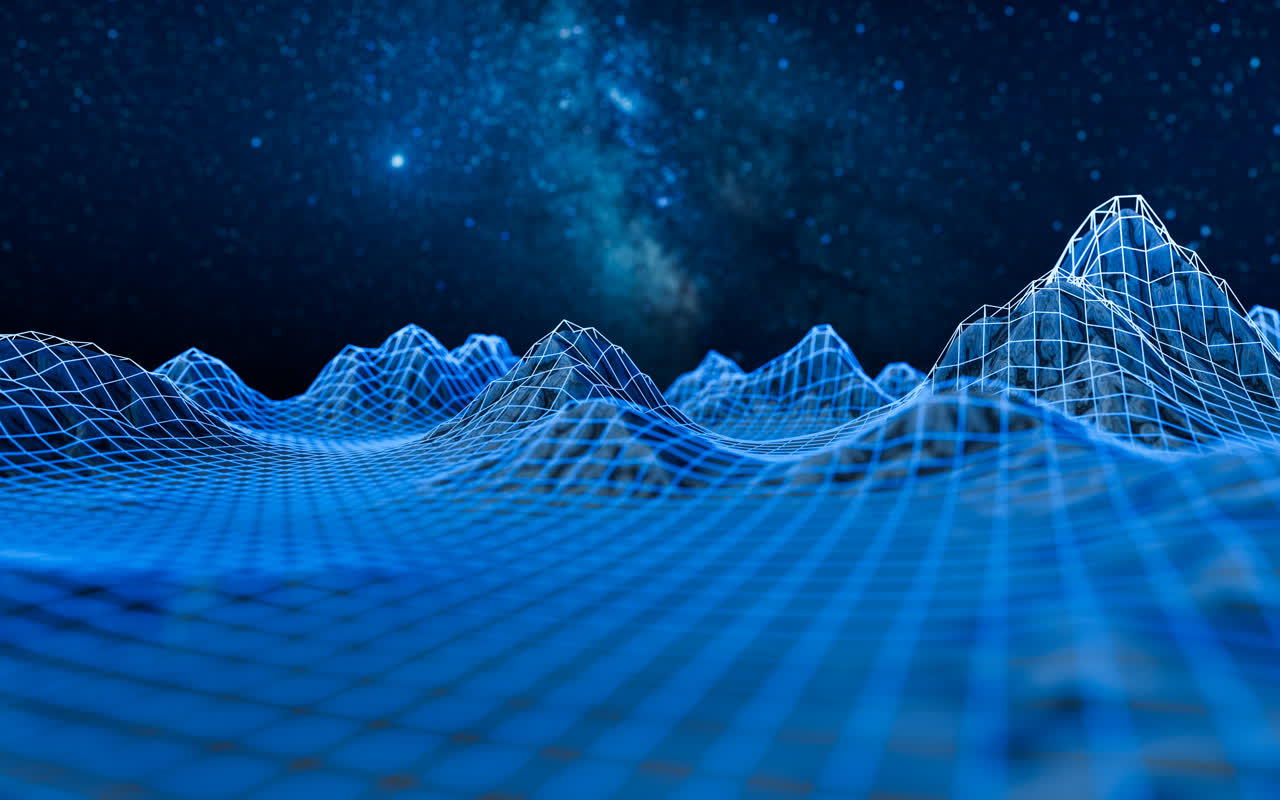 星空背景与数字科技网格地面3D渲染