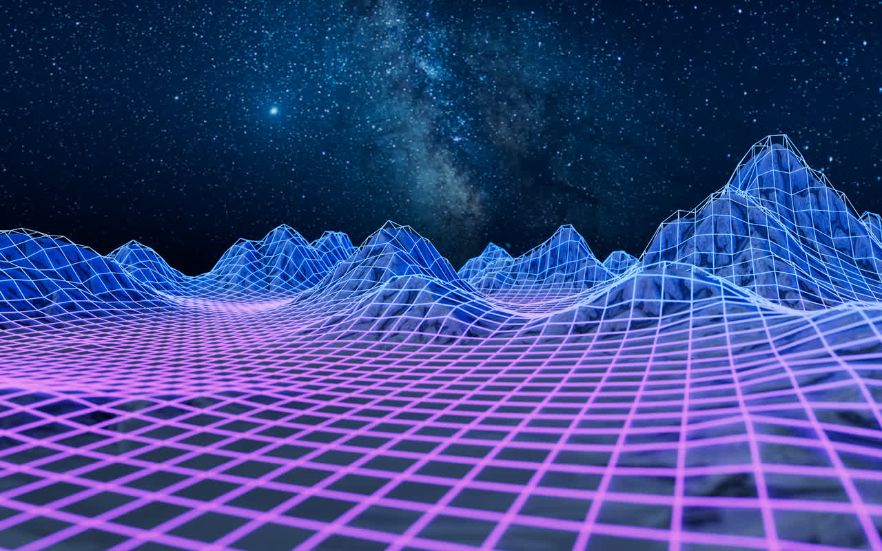 星空背景与数字科技网格地面3D渲染科技网格