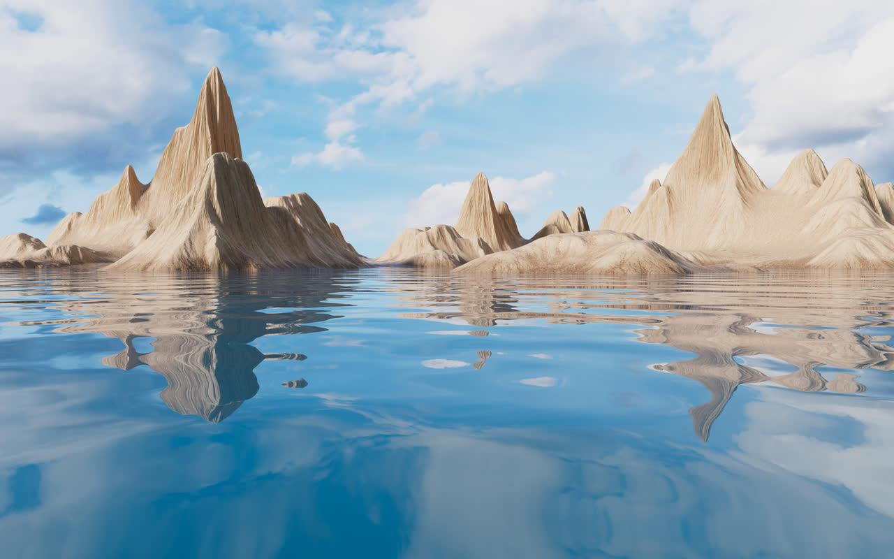 户外山脉地形与水面3D渲染