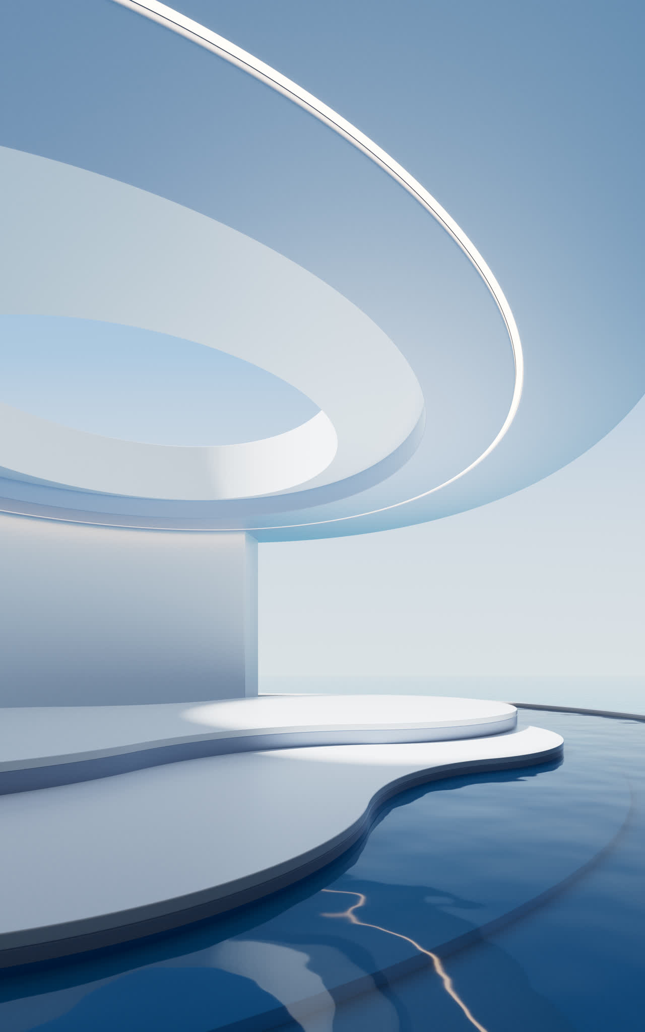 白色简约空房间与水面3D渲染