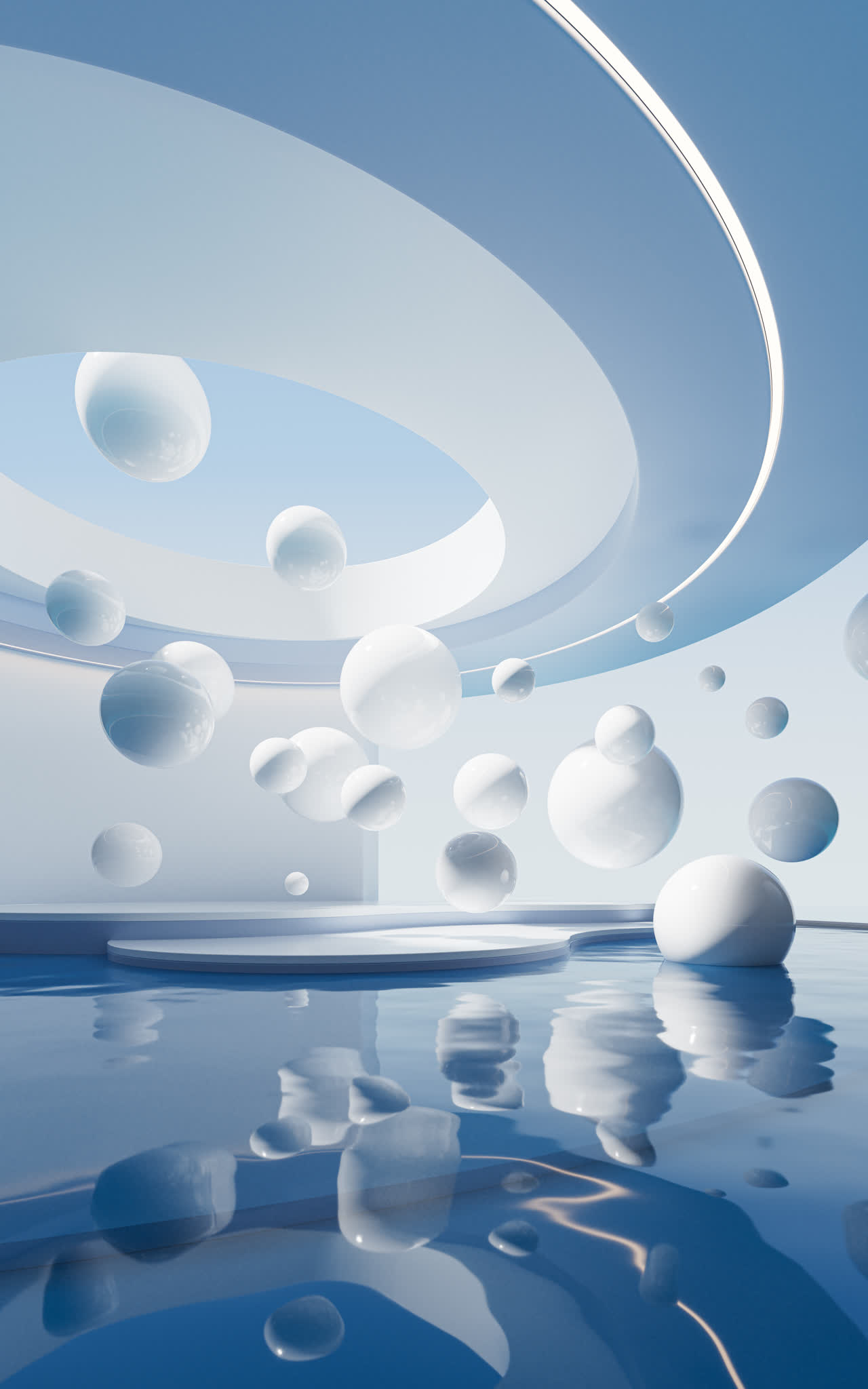 水面与飘浮的球体3D渲染