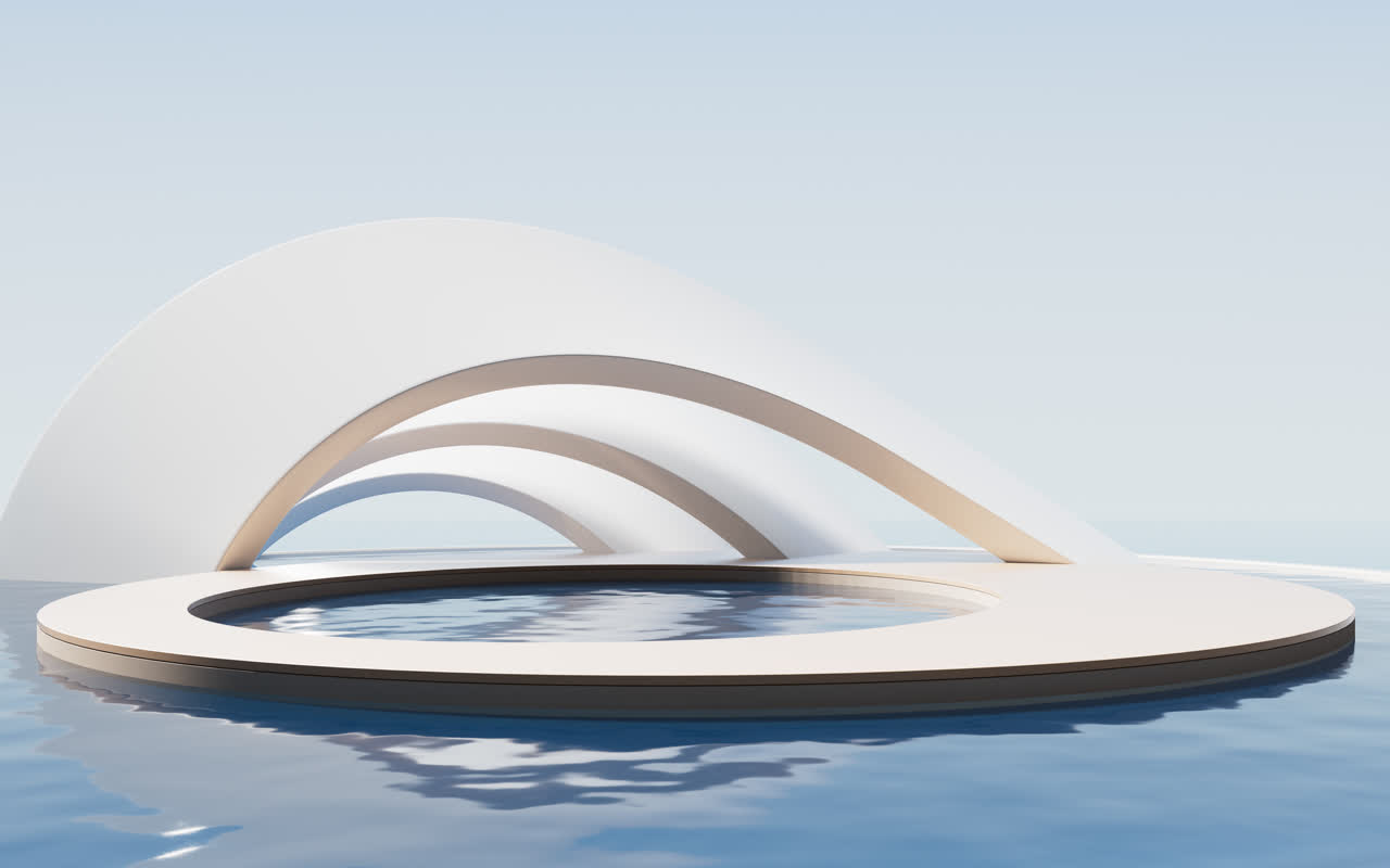 展台背景简约白色建筑与水面3D渲染