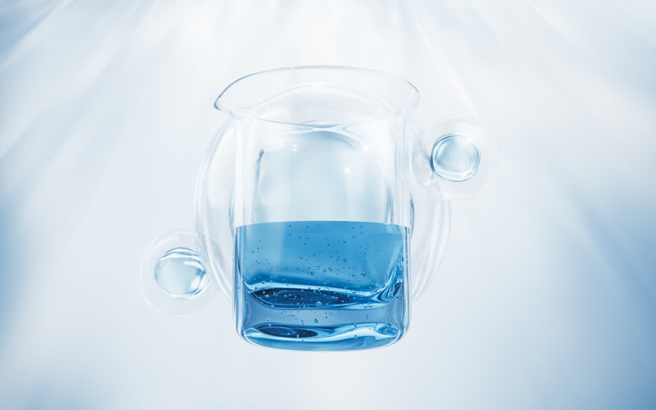 化学仪器烧杯与水珠背景3D渲染