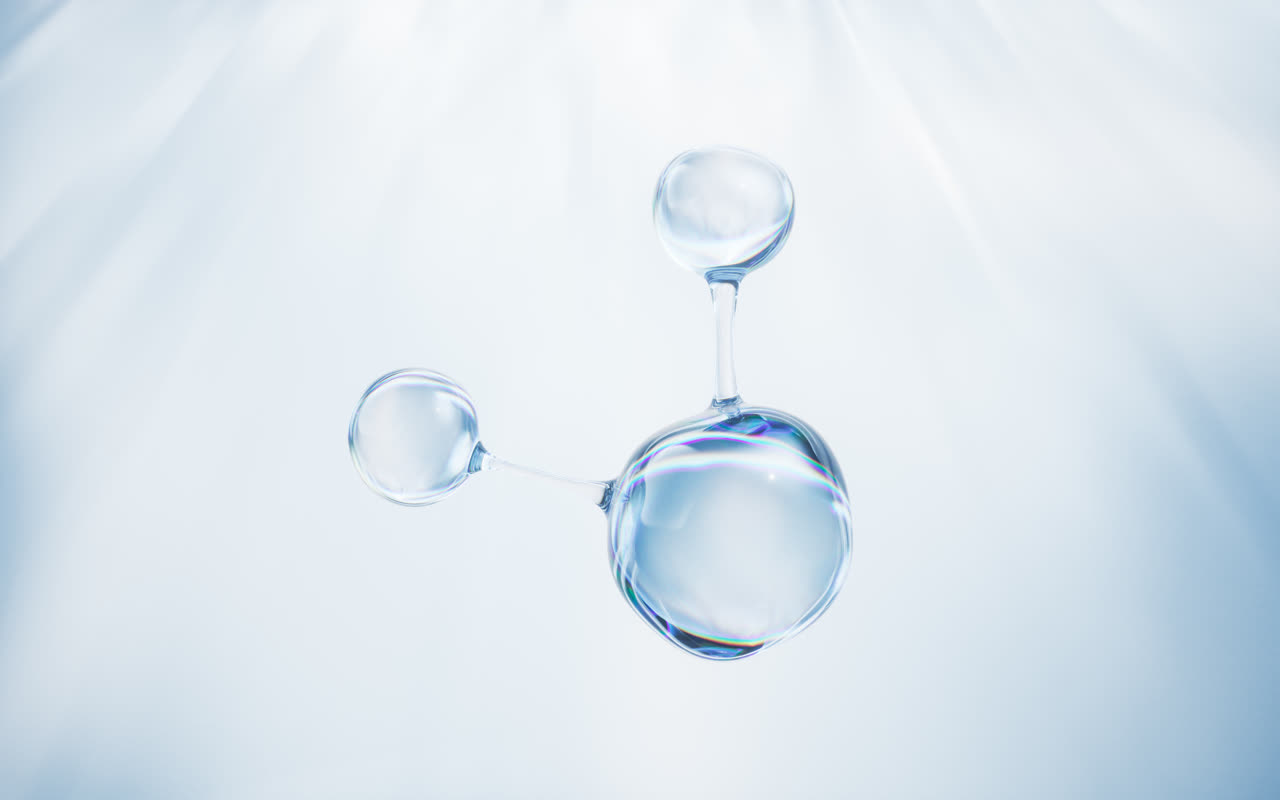 透明分子与蓝色背景3D渲染