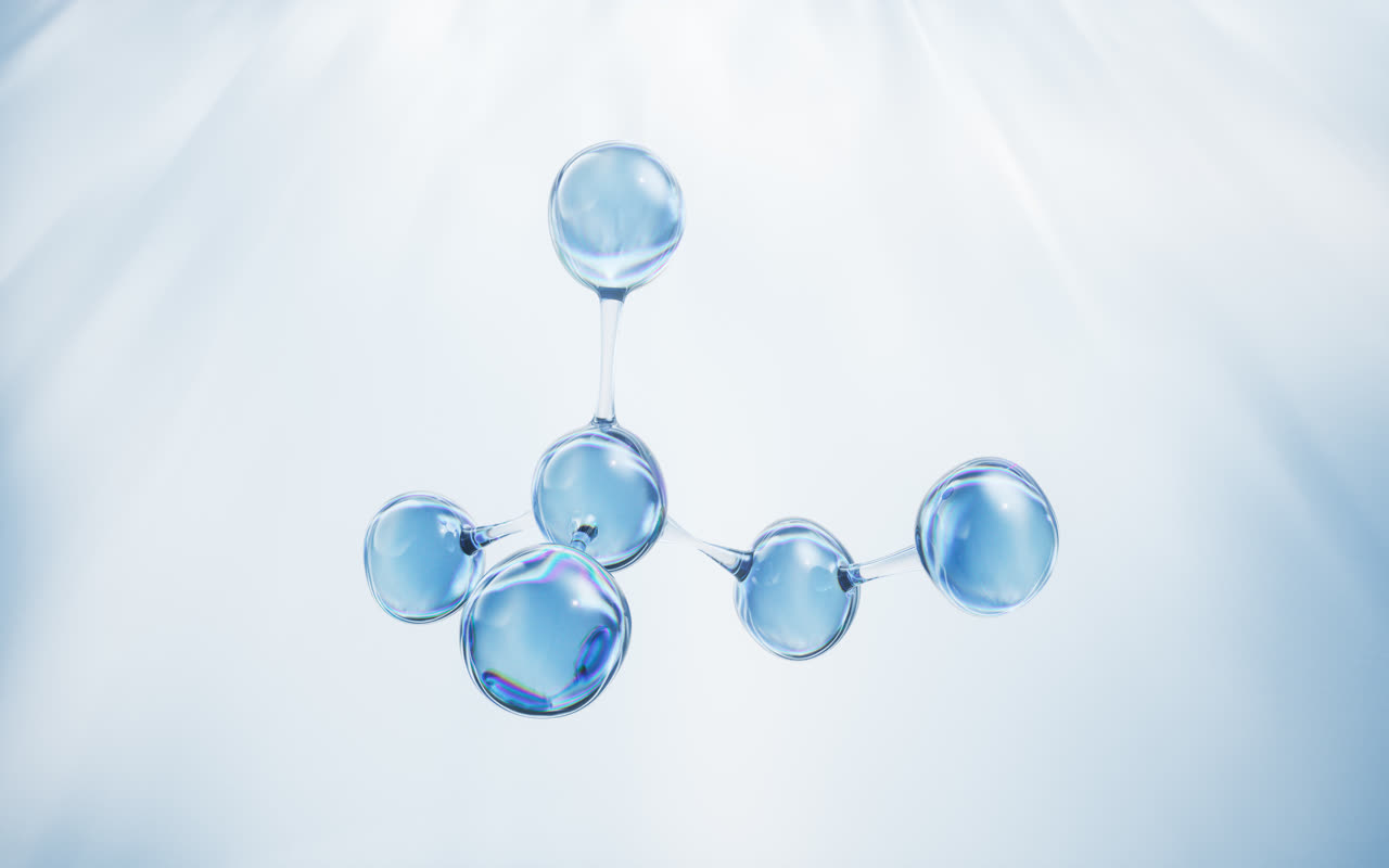 透明分子与蓝色背景3D渲染