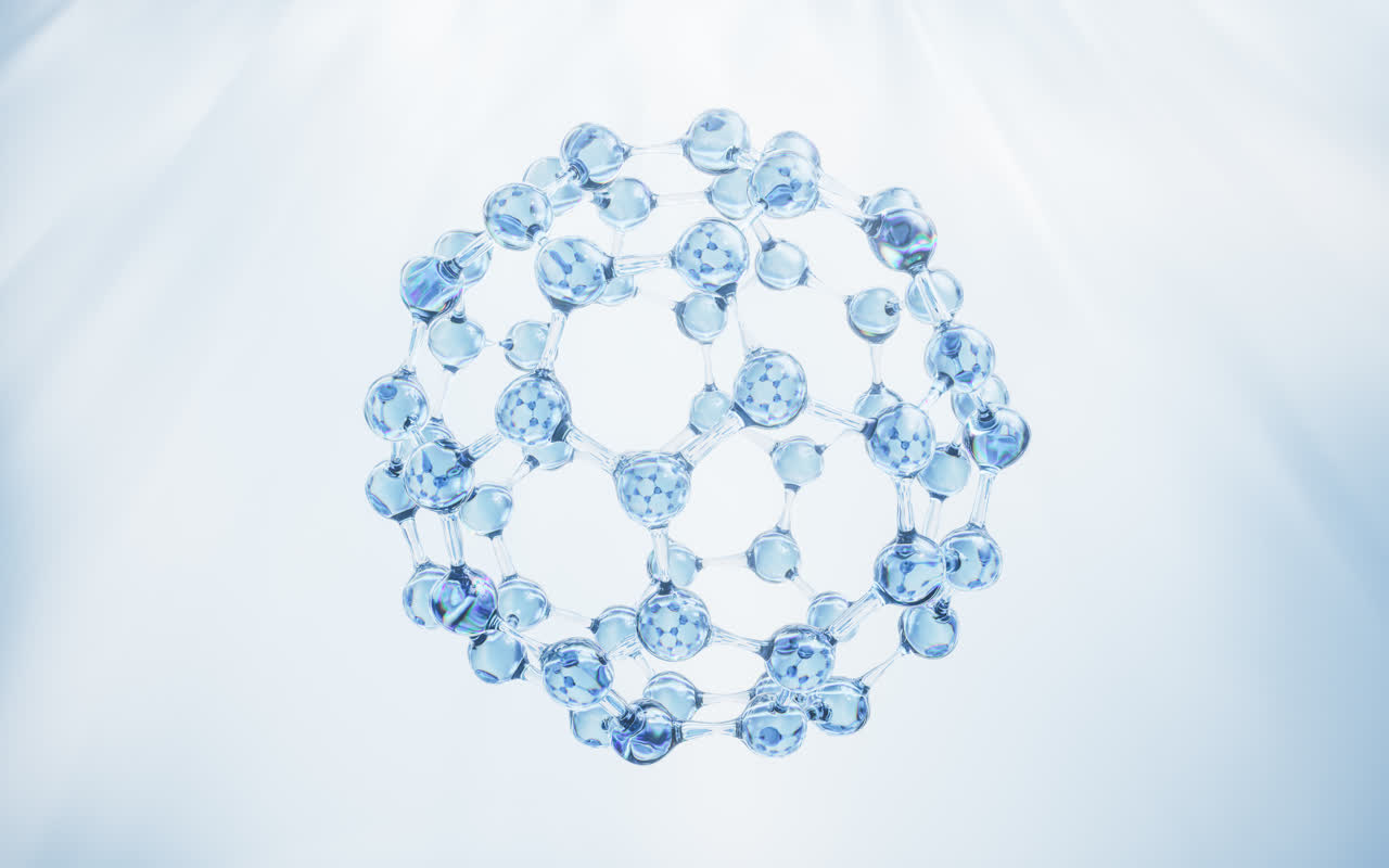 透明分子与蓝色背景3D渲染