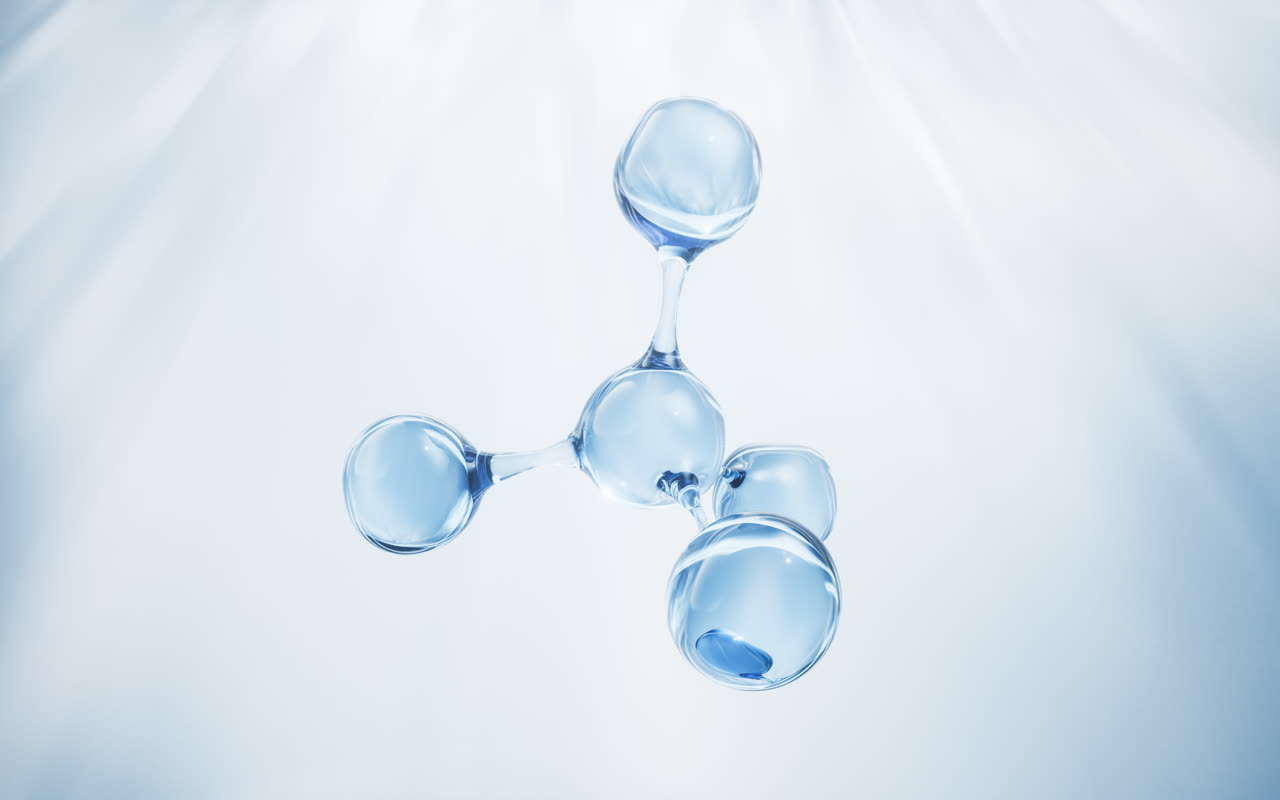 透明分子与蓝色背景3D渲染