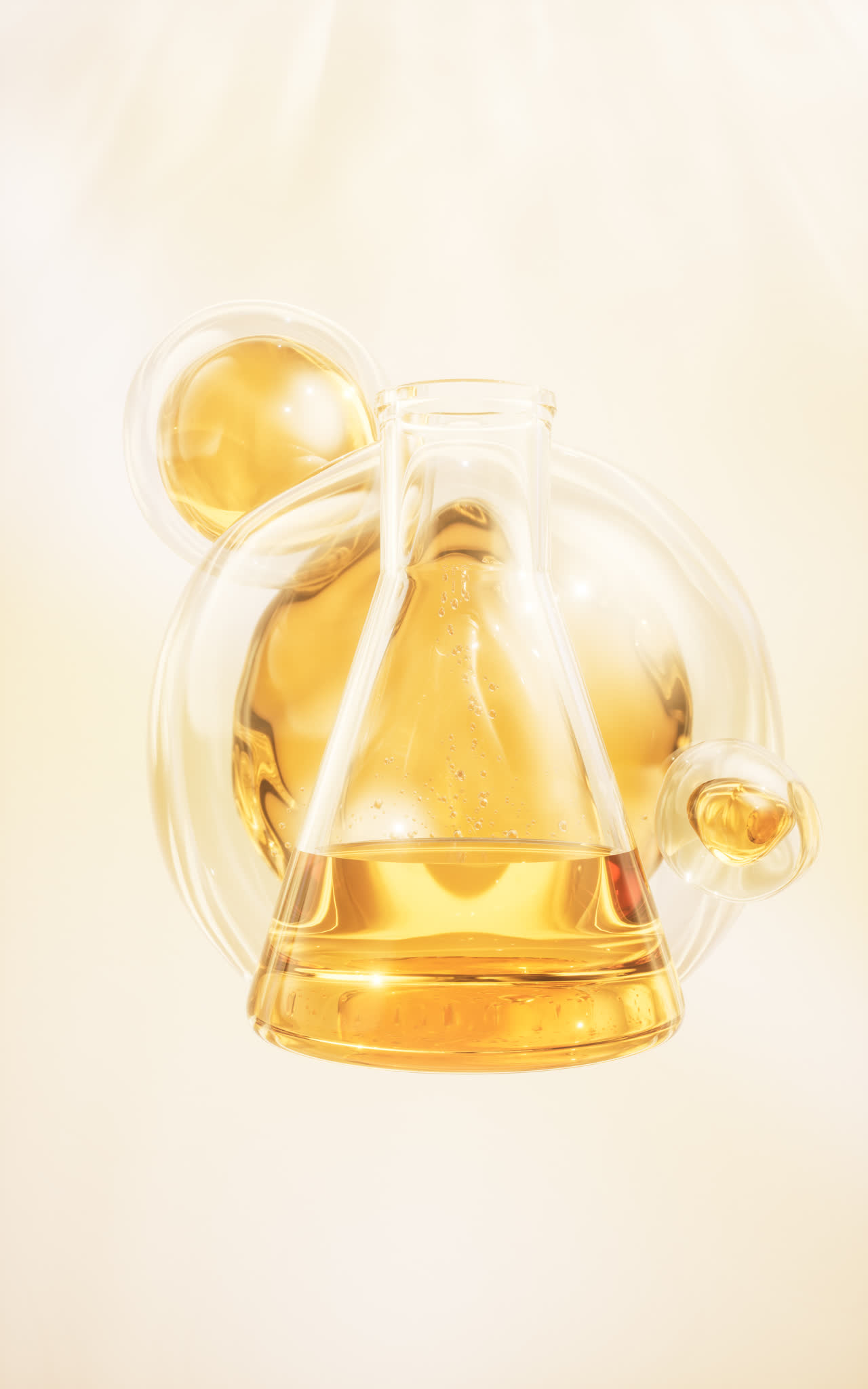 化学仪器锥形瓶与金色液体3D渲染