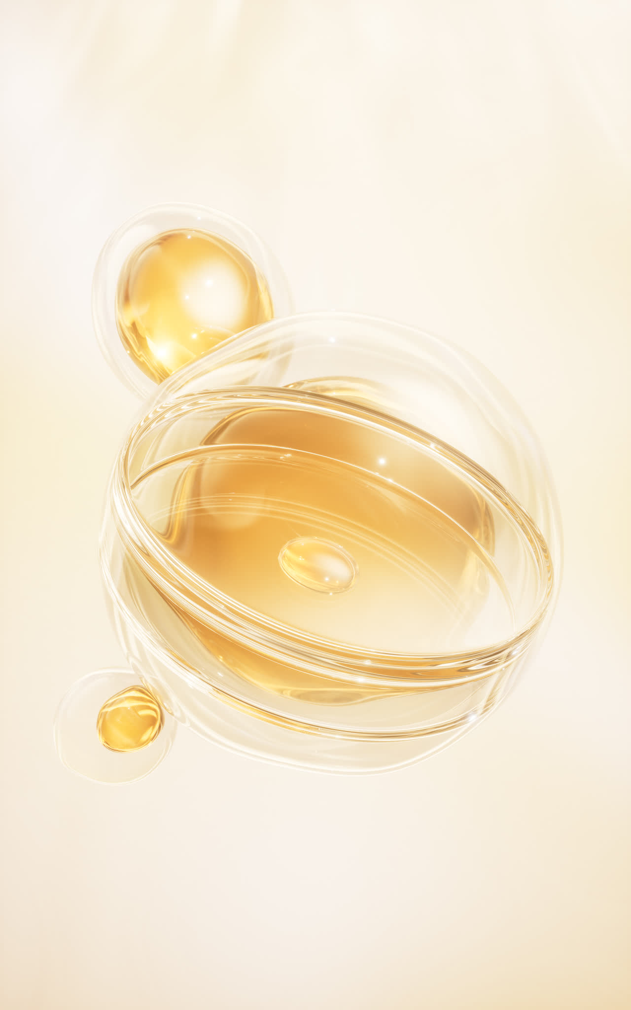 化学仪器培养皿与金色液体3D渲染