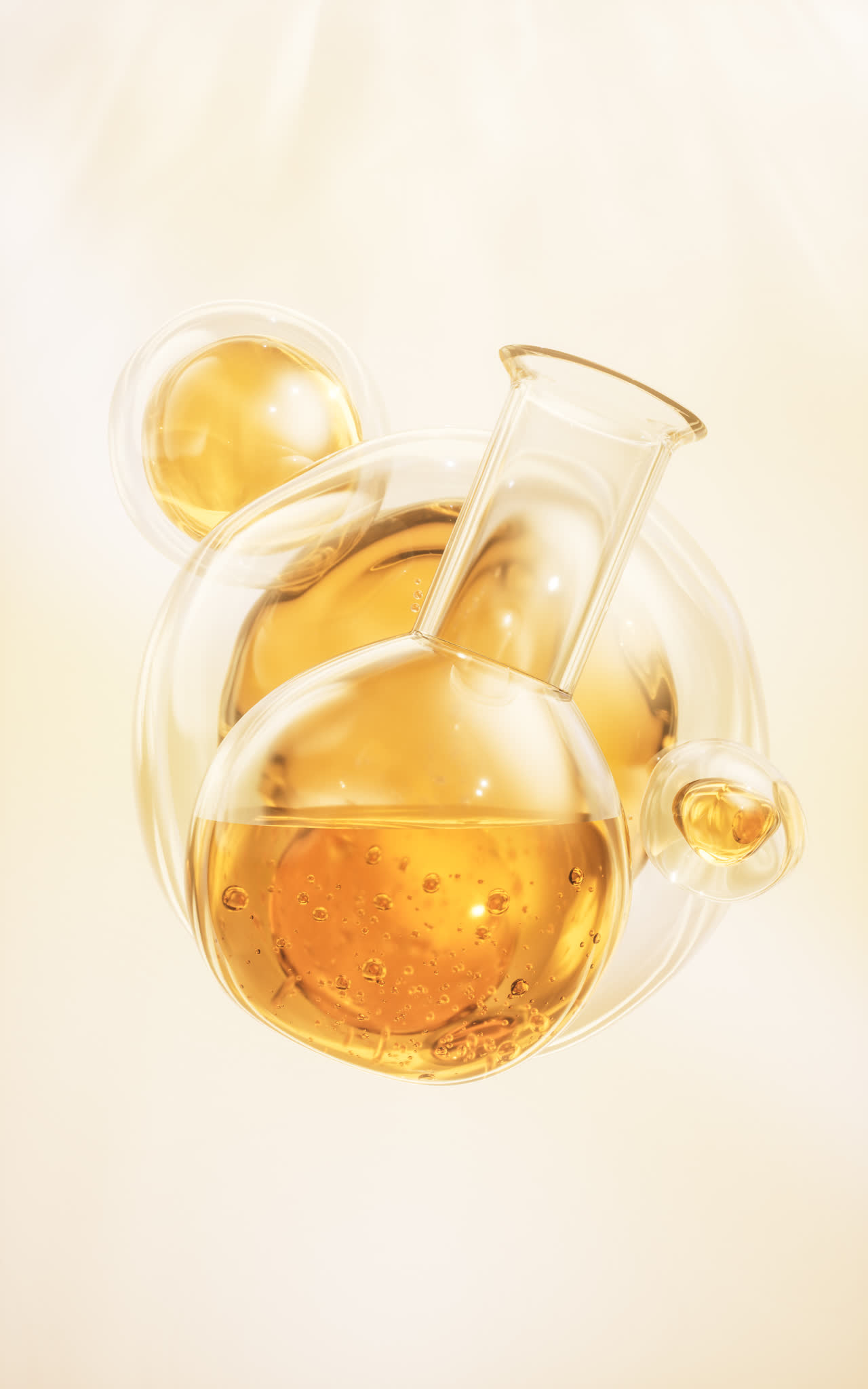 化学仪器烧瓶与金色液体3D渲染