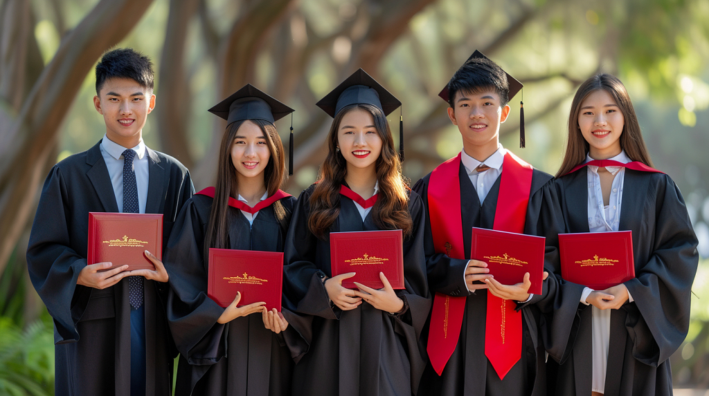 穿着毕业服手拿毕业证拍照的大学生