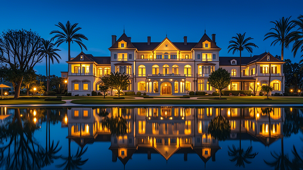 夜色下灯火辉煌的酒店中式古典园林酒店建筑夜景