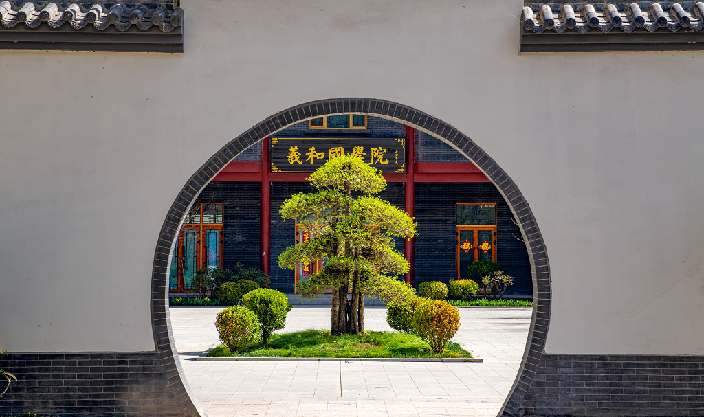 西宁人民公园的白墙园门里的景观树