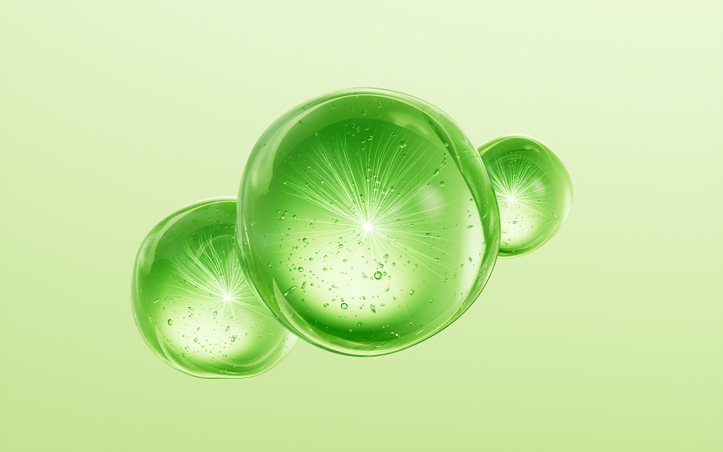 透明绿色护肤品精华球体三维渲染