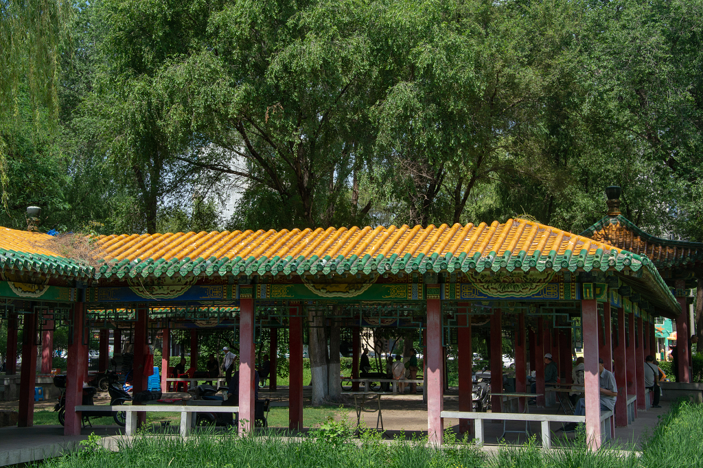 夏天城市公园的古建筑长廊