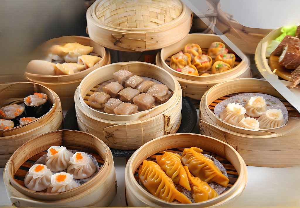 餐饮美食广式早茶好几笼蒸饺早点食物图片