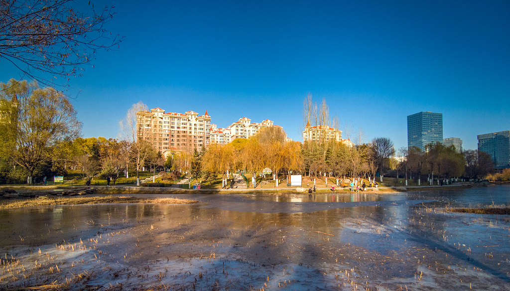 冬日的午后阳光照亮了蓝天建筑物树和河道的冰面