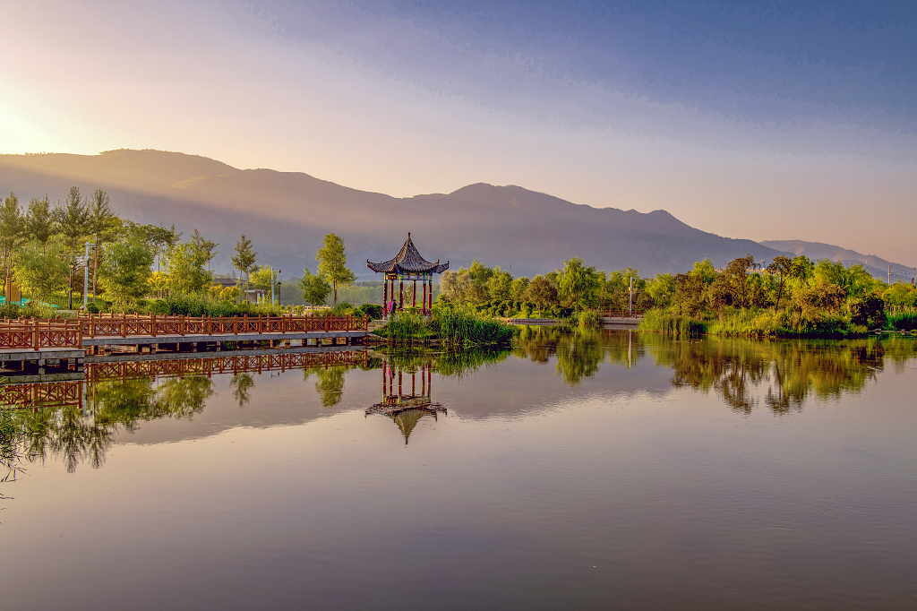 夏日的晨光照在水中的树木凉亭及长廊并倒影在水面上