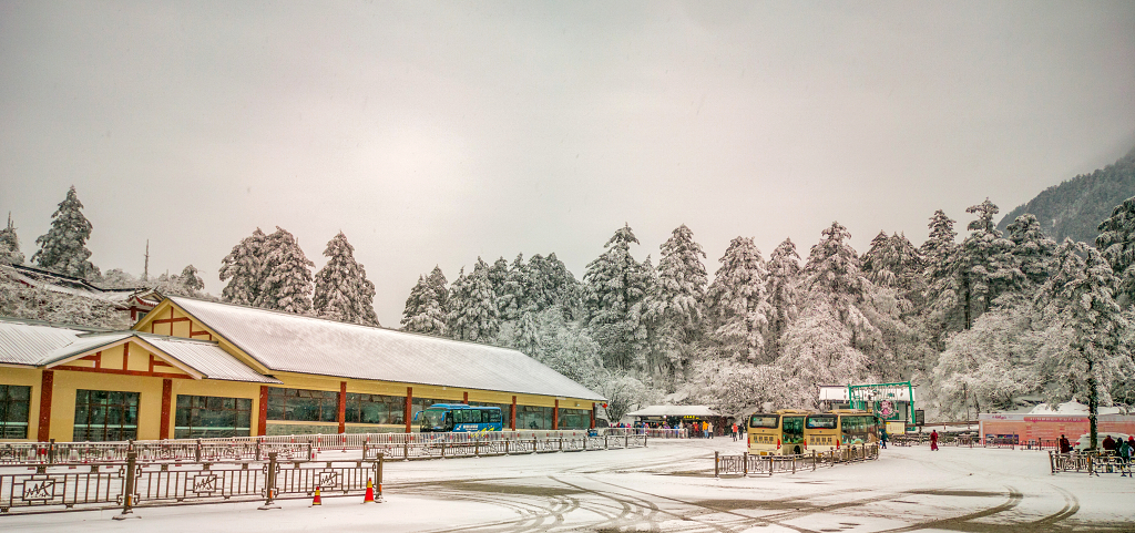 峨眉山下的树木房屋上的积雪