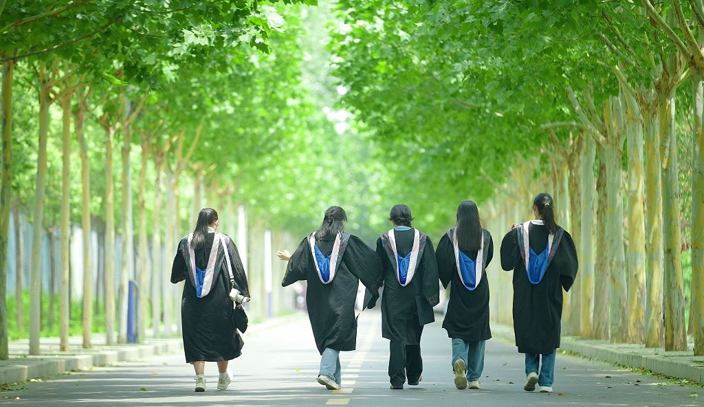 学士服学生在校园林荫小路背影毕业季