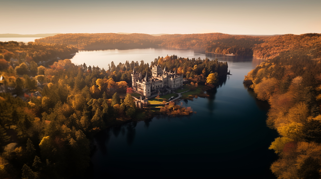 俯瞰秋天美丽湖畔森林中的城堡自然风景
