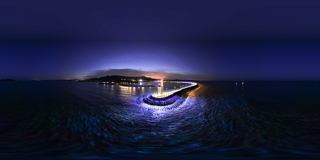 宁波象山亚帆中心亚帆日落灯光全景