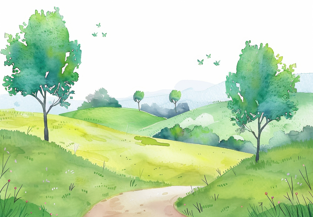 水彩插图清新田园风景画