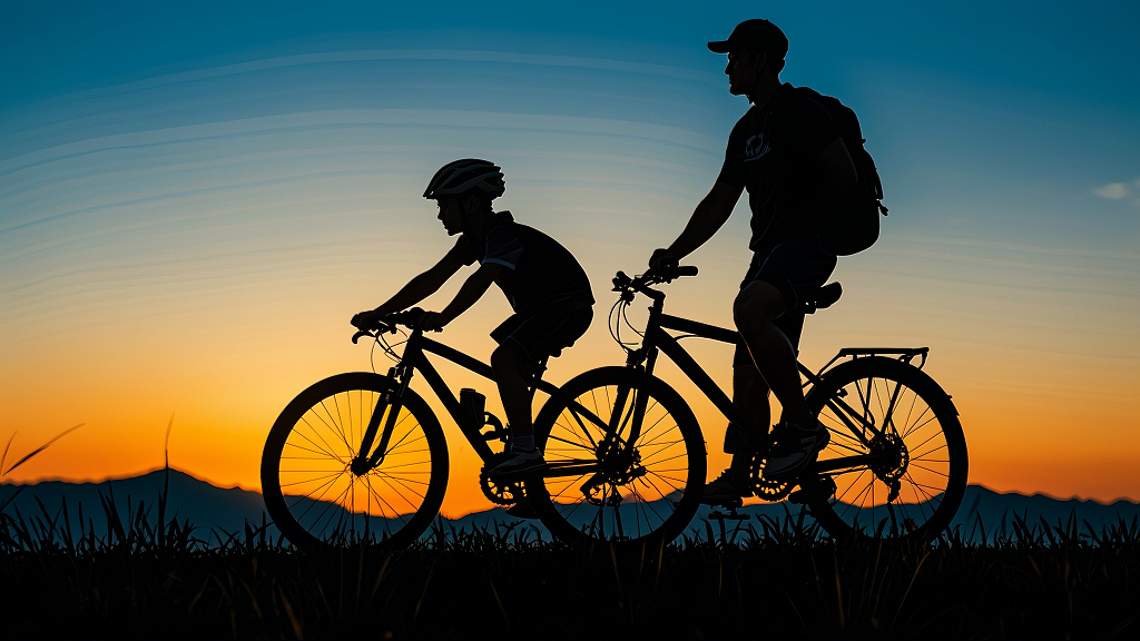 父子傍晚户外骑自行车人物剪影父亲节