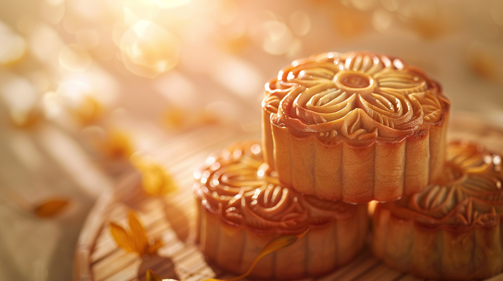 中秋节金黄美味月饼温馨团圆中秋美食素材插画