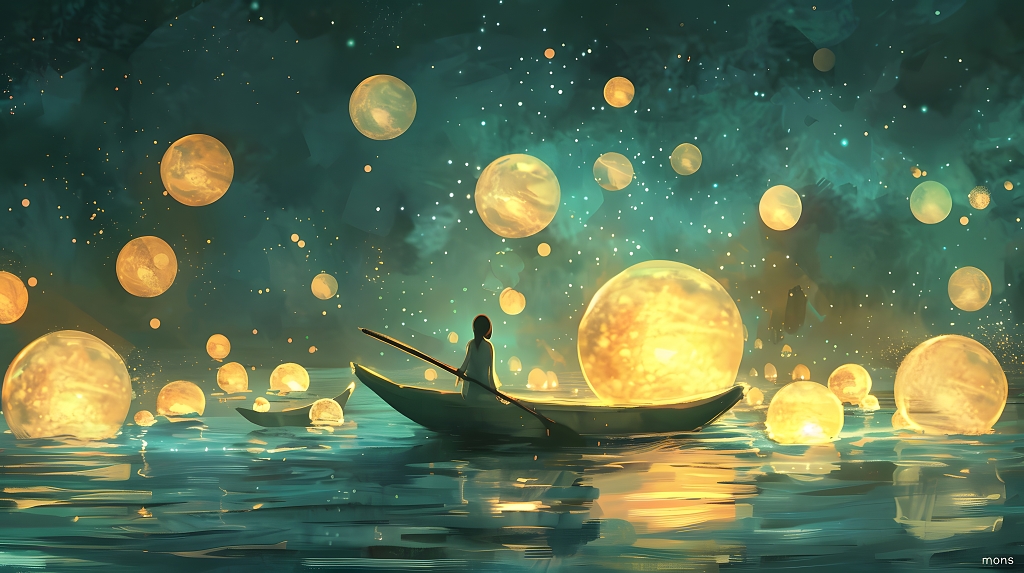 满月夜晚的湖面灯笼与小舟背景图
