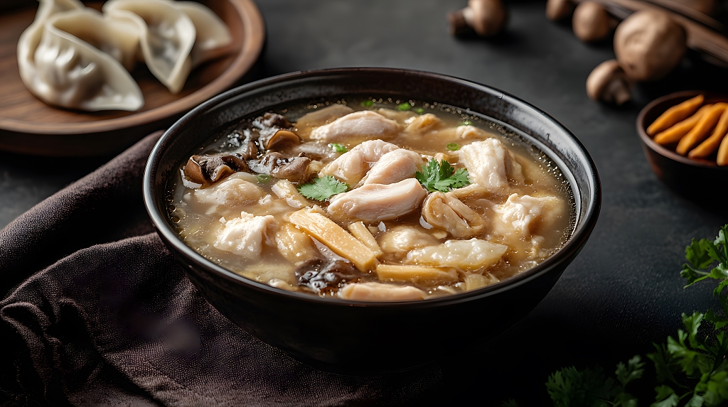 鸡肉蘑菇药膳汤秋季霜降滋补养生食品