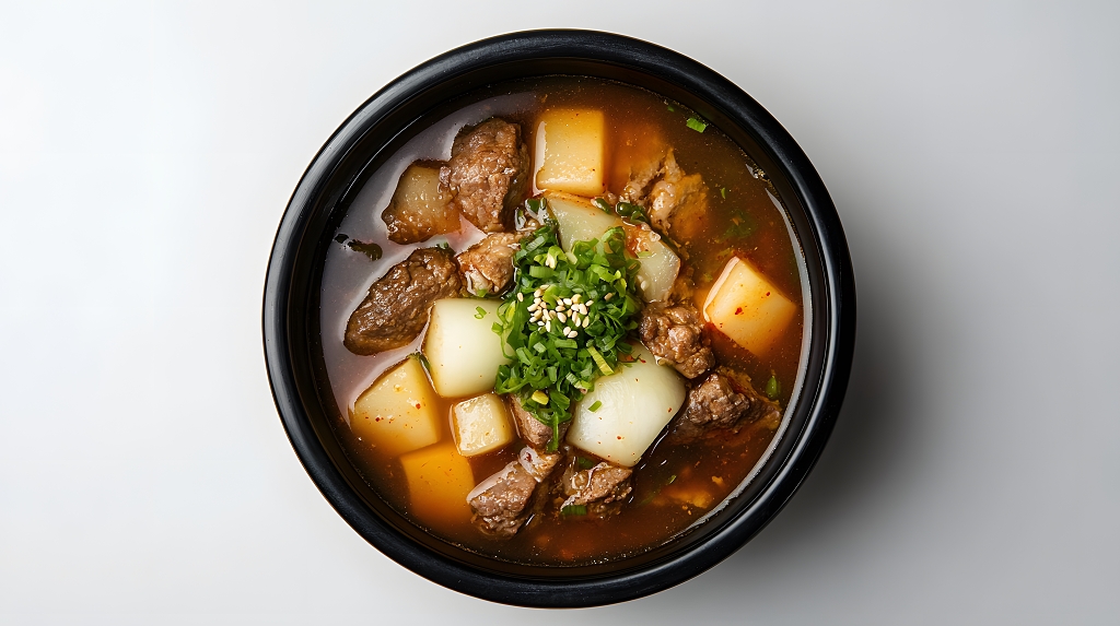 黑色碗中热气腾腾的炖牛肉土豆美食摄影图