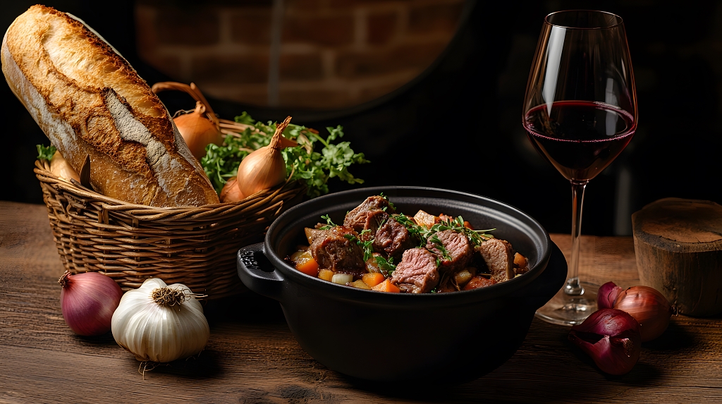 炖牛肉配法棍面包与红酒的法式美食摄影图