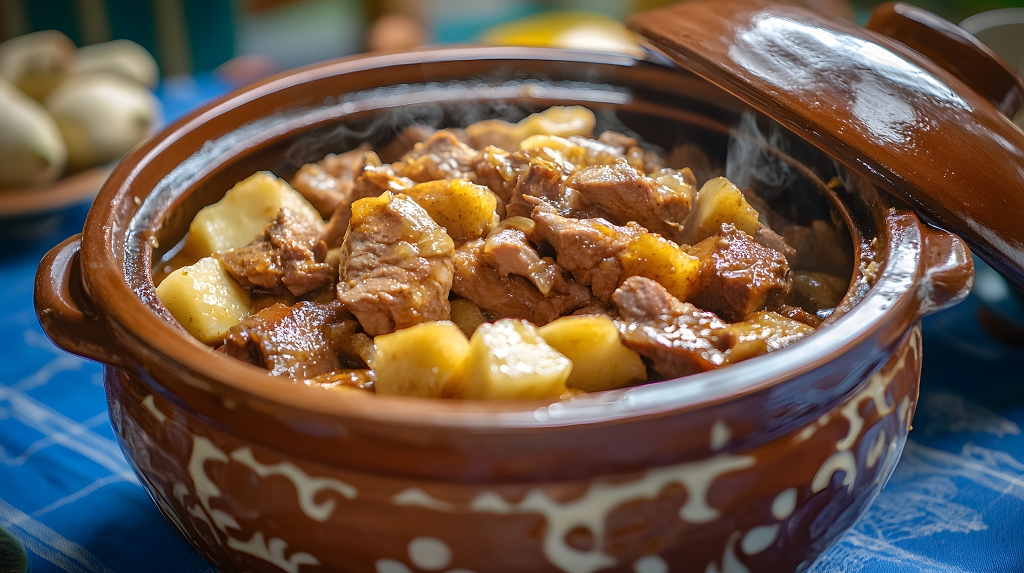 传统陶瓷锅中的炖牛肉土豆家常美食摄影图