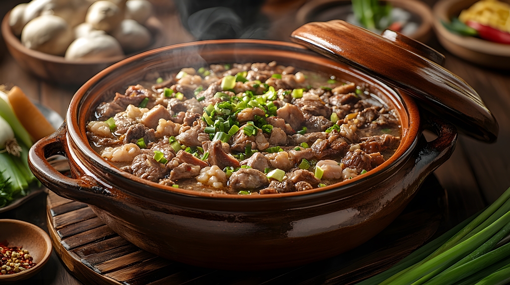 陶瓷锅中热气腾腾的炖牛肉土豆胡萝卜美食摄影图