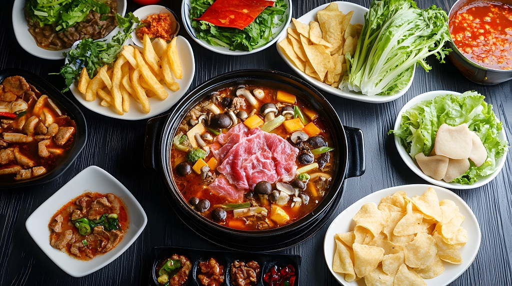 丰富配菜与中式火锅组合的美食摄影图